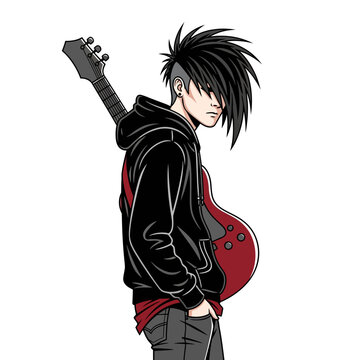 Anime style guitarist with black hoodie and red electric guitar
