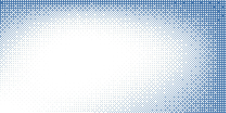 Halftone dotted blue gradient textured background. Vector abstract dots dither corner gradation texture for grunge banners, tech pattern.Eps10