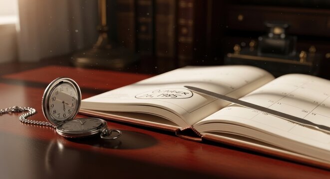 Antique pocket watch next to open journal on a mahogany desk, soft lighting