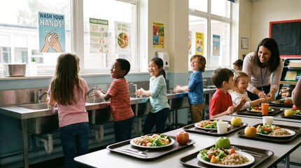 Fototapeta premium Diverse elementary students practice essential hygiene by washing hands before enjoying nutritious meals in a bright, modern school cafeteria, promoting health and wellness