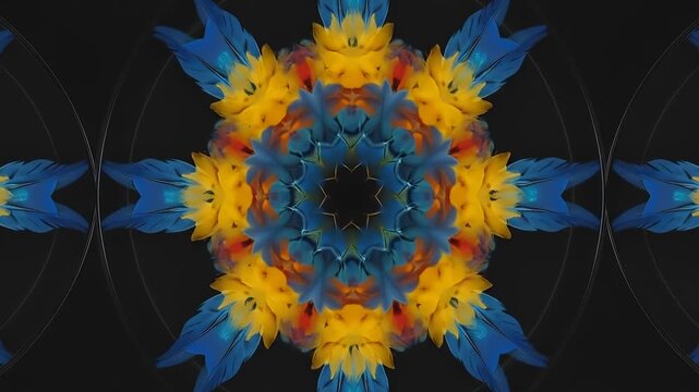 Abstract Kaleidoscope Animation with Vibrant Colorful Feathers Patterns