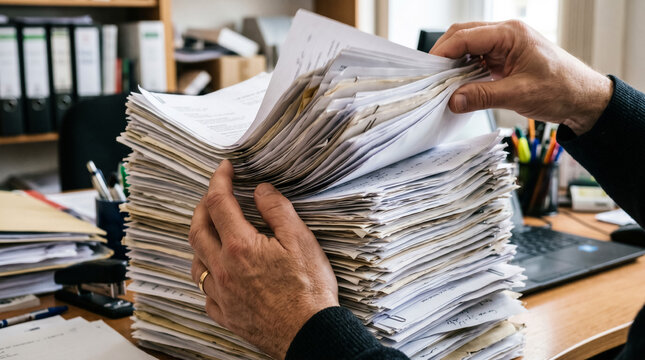 Hands holding a large stack of paperwork in an office
