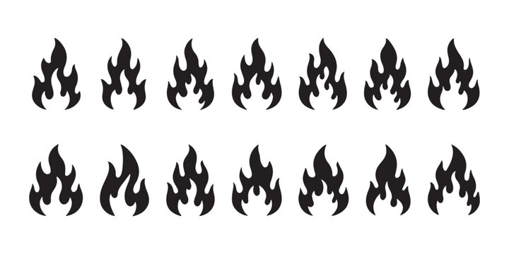 Large collection of small fire icons in solid black style arranged in two rows on transparent.