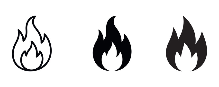 Three fire icons one outline two solid black representing burning flame heat and danger symbol.