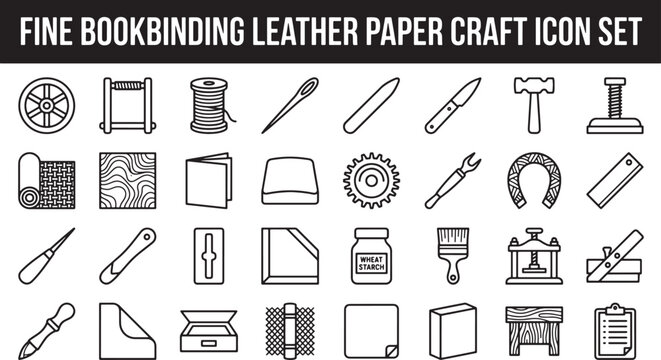 Bookbinding and Leather Craft Icon Set Featuring Essential Tools and Materials for Traditional Paper Book Construction Vector