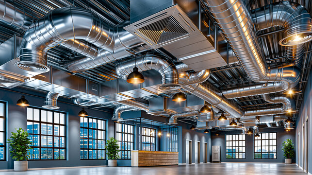 Modern commercial HVAC ductwork and ventilation system in contemporary industrial office interior