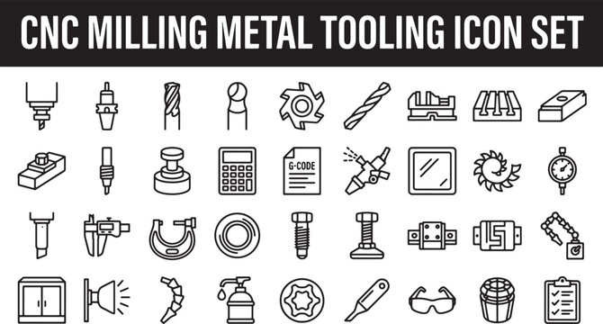 CNC Milling Metal Tooling Icon Set Featuring Industrial Machining Equipment and Precision Engineering Components in Vector Line Art