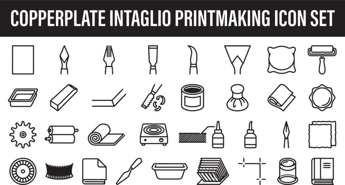 Copperplate intaglio printmaking icon set featuring etching tools and equipment for fine art print production vector illustration