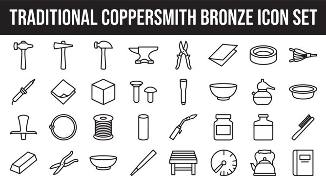Coppersmith and metalworking tools icon set featuring hammers anvil pliers and industrial equipment in a linear vector style