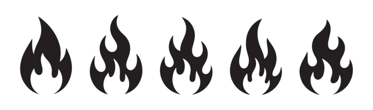 Black fire flame icon sequence for loading bars or level status on dark transparent background.