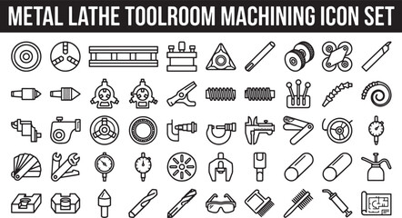 Fototapeta premium Metal Lathe Toolroom Machining Icon Set Featuring Industrial Equipment Components and Precision Measurement Tools in Vector Line Art