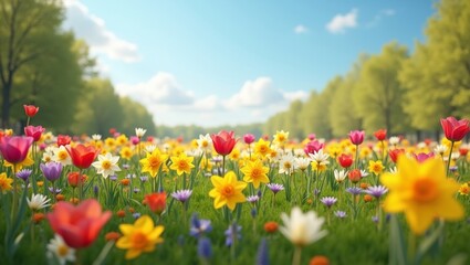 Fototapeta premium Colorful spring flower field with blooming tulips, daffodils, and daisies under a clear blue sky, surrounded by lush green trees in a vibrant natural setting