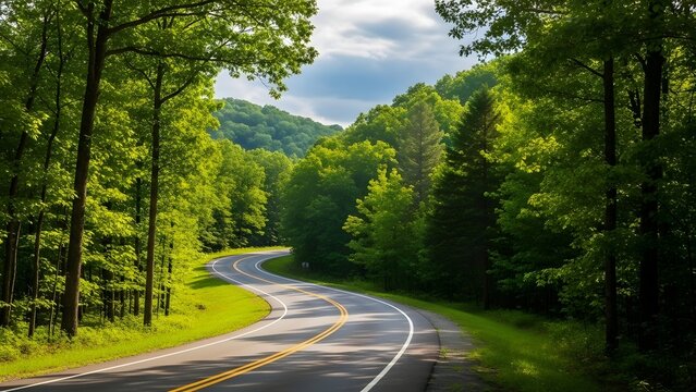 Road winds through a dense green forest during a sunny afternoon in the countryside.