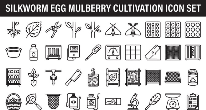 Silkworm egg and mulberry cultivation icon set featuring farming equipment and sericulture production process line art vectors