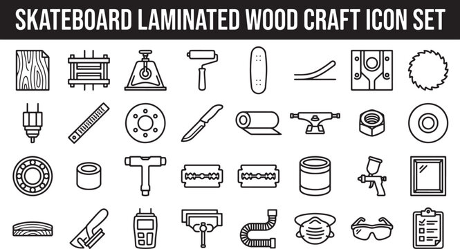 Skateboard manufacturing and woodworking icon set featuring tools, materials, and hardware components in a clean line art style