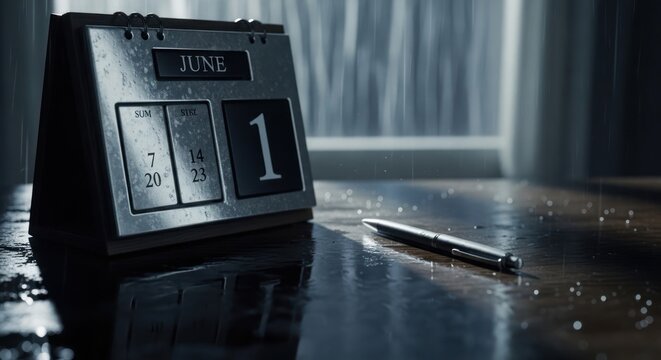 Desk calendar set to June 1st with rain falling outside, pen nearby. Soft lighting
