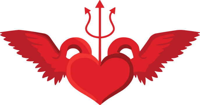Red Devil Heart Vector Graphic with Angel Wings and Pitchfork Trident Symbol for Halloween Themes Tattoos and Romantic Graphic Designs
