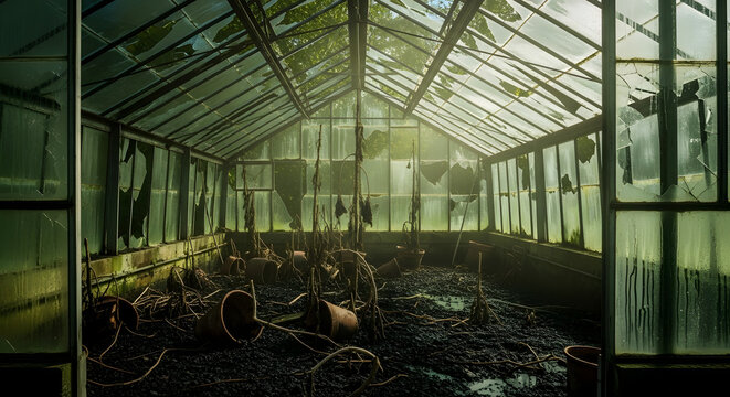 Sunlight pierces through shattered panes into a long-abandoned greenhouse, revealing a desolate interior of dried plants, overturned pots, and encroaching decay