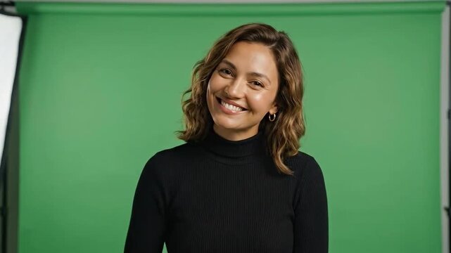 Smiling woman in studio with green screen background holding hand out