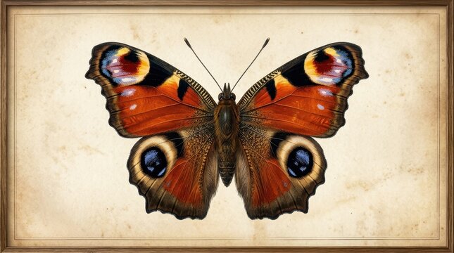 Vibrant Peacock Butterfly (Aglais io) detailed scientific illustration on aged parchment paper in a classic wooden frame. Vintage zoological art for natural history and antique decor.