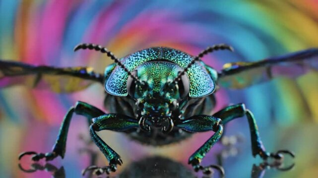 Iridescent metallic beetle in extreme macro detail with vibrant rainbow background