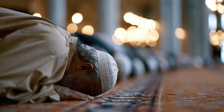 A devoted man kneels in prayer at a mosque, symbolizing the deep spirituality and dedication of faith within the beautiful architecture of the sacred space.