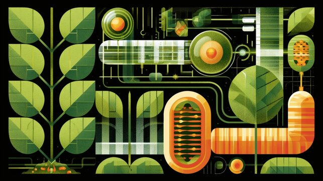 Illustration shows plant processes of photosynthesis and respiration with parallel diagrams using vivid colors.
