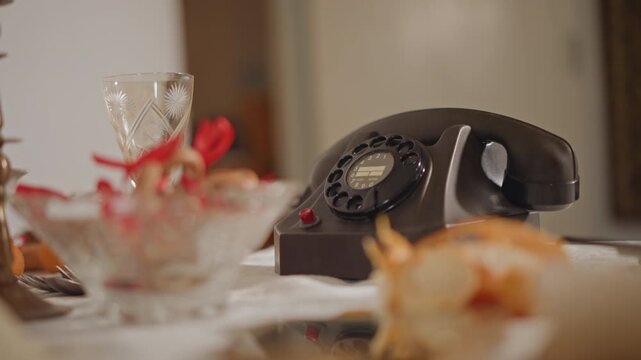 Classic rotary phone on decorated dinner table creating nostalgic atmosphere. Antique rotary telephone paired with decorative bowl and soft lamp light evoking retro charm and domestic quiet