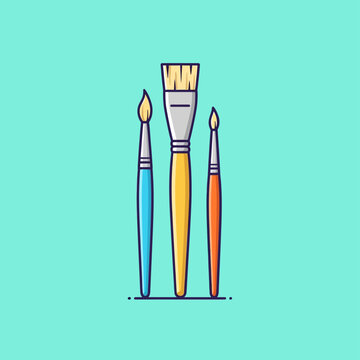 Three Paintbrushes with Colored Handles Standing.