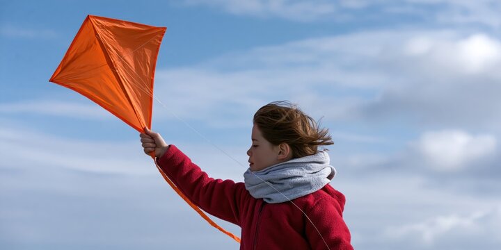 A vibrant and heartwarming scene of a child holding a bright orange kite, capturing the essence of freedom and joy against a picturesque sky filled with clouds.