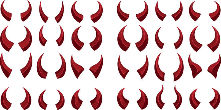 Red Devil Horns Big Vector Icon Set with Various Shapes and Sizes for Halloween Costumes Demon Characters and Spooky Graphic Designs