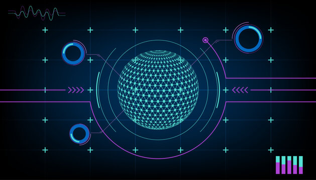 Futuristic digital interface with global network sphere, data visualization and technology dashboard. Abstract big data, artificial intelligence, cybersecurity, connectivity and innovation concept.