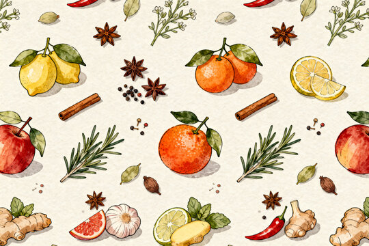 Watercolor Pattern of Citrus Fruits, Spices, and Herbs on Cream Background