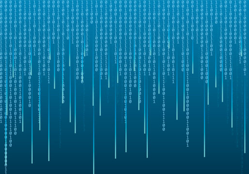 Glowing blue digital matrix code background, with vertical character, streams, cyberpunk style, blue background