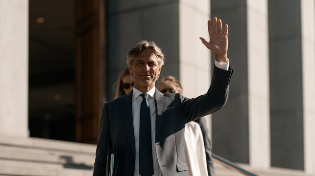 Finance minister emerging from a government building with advisors, arm raised to hold back press, budget folders tucked under arm, July morning light harsh on concrete steps, breaking news fiscal a