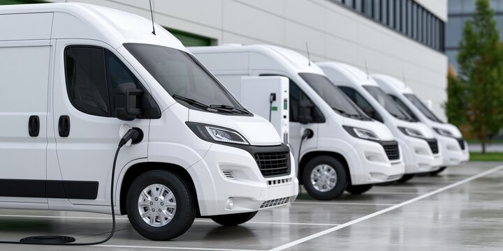 A row of white electric delivery vans parked, representing sustainability and innovation in transportation, crucial for modern logistics and reducing carbon footprint.
