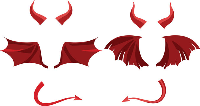 Red Devil Horns Wings and Tails Vector Set for Halloween Costumes Photo Booth Props Graphic Elements and Demon Character Designs
