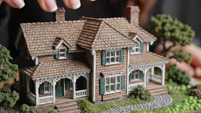 Person's hand adjusting miniature model house roof with detailed landscaping