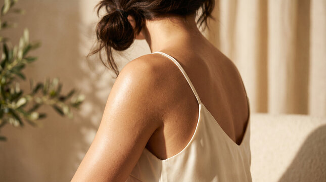 Back view of a woman with glowing skin wearing a silk camisole in a sunlit room