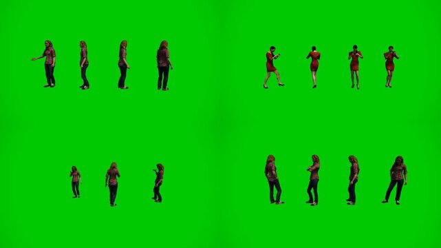 Walking people collection for green screen compositing with chromakey background and 3d animated cartoon animation style. Human character motion footage for editing scenes and transitions.