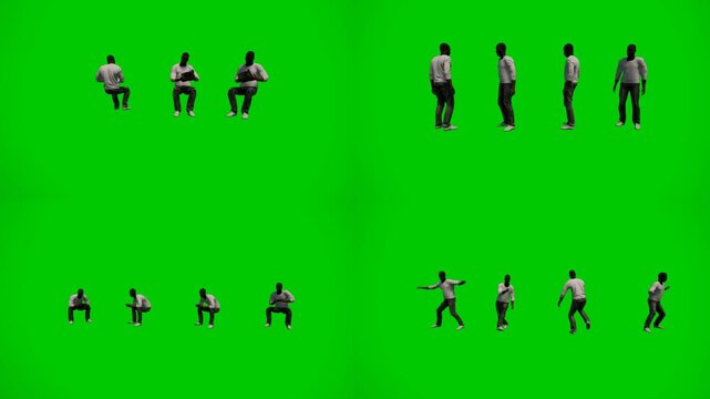 Mixed human actions collection for green screen compositing with chromakey background and 3d animated cartoon animation style. Character motion footage for editing scenes and transitions.