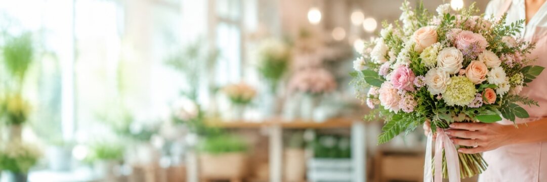 Long header banner flower shop interior with huge copy space. Female florist hands holding a beautiful fresh pastel flower bouquet in a bright blurred boutique. Creative template for small business 