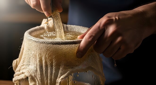 Close-up of hands straining fresh homemade broth through cheesecloth.