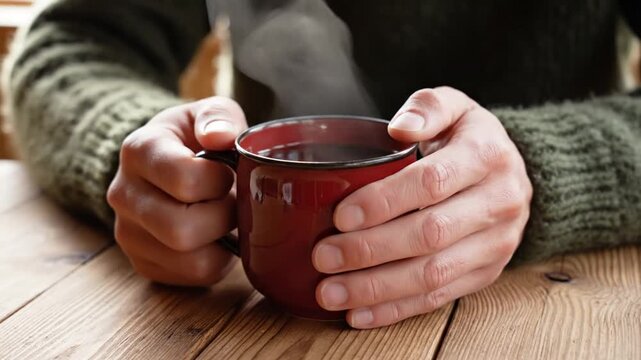 Person's hands in a warm sweater holding a steaming red mug