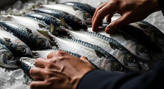 Fresh Mackerel Fish Displayed on Ice with Hands Selecting Them.