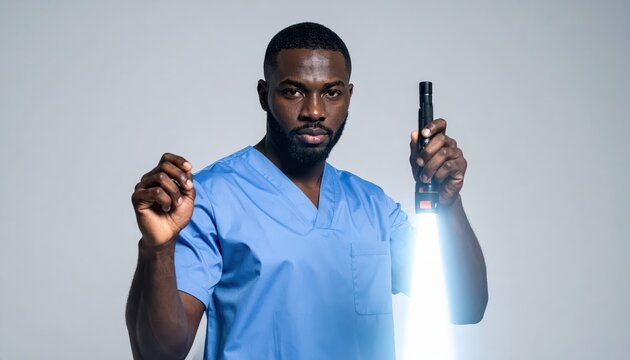 Young African American healthcare professional holding a bright penlight for examination