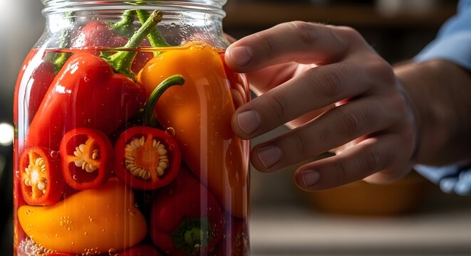 Homemade Pickled Peppers in a Jar with Hand.
