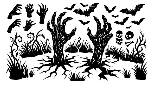 Zombie Hands Rising From Grave Silhouette Vector Icon Set with Bats Skulls and Dead Trees for Spooky Halloween Horror Graphic Designs
