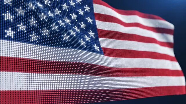 Pixelated United States flag waving with digital LED effect