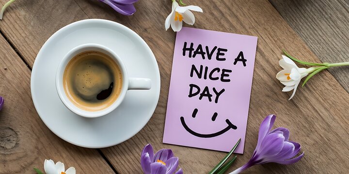 Cup of coffee and note with Have a Nice Day message